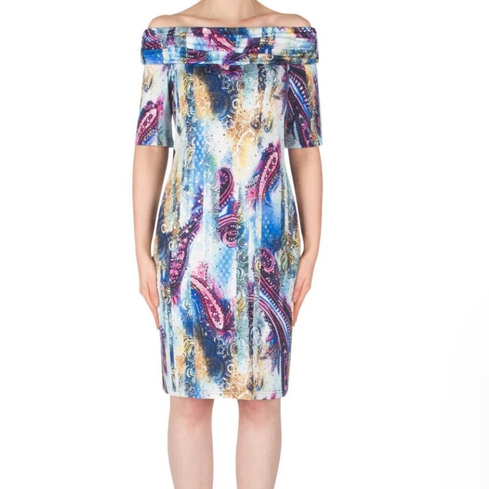 Joseph Ribkoff Gold Foil Paisley Off Shoulder Midi Dress Size 10